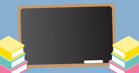 Illustration of blank writing slate with chalk and colorful books on blue background, copy space. Vector, knowledge, vector, school supplies, stationery, education and school concept.の写真素材