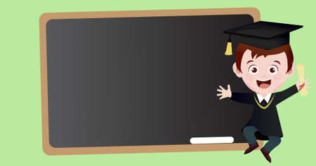 Illustration of boy wearing mortarboard and graduation gown and writing slate on green background. Copy space, vector, chalk, achievement, student, childhood, education and school concept.の写真素材