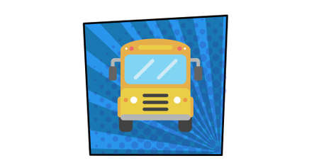 Illustrative image of school bus with striped and dots in blue square shape over white background....