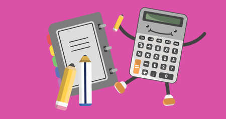 Illustrative image of calculator with diary and pencils against pink background, copy space. Vector, school supplies, stationery, education and school concept.の写真素材