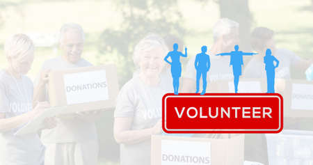Caucasian seniors volunteering at donation camp and vector of red volunteer text with blue people....