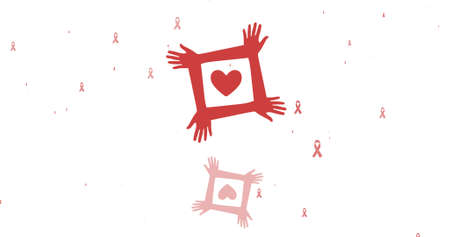 Illustration of heart with hands forming square shape and red awareness ribbons on white background....