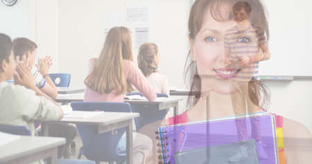 Composite of portrait of caucasian woman with books and multiracial students studying in classroom. International youth day, togetherness, education, celebration, cultural and legal issues awareness.の写真素材