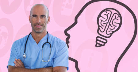 Portrait of caucasian male doctor with arms crossed and human head with light bulb and brain...