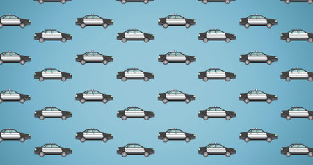 Full frame shot of police cars on blue background. Transportation, emergency assistance, public safety answering point, universal emergency number, patrol car.の写真素材