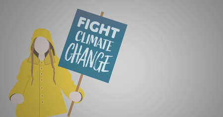 Woman holding a fight climate change signboard icon against copy space on grey background. climate change conceptの写真素材