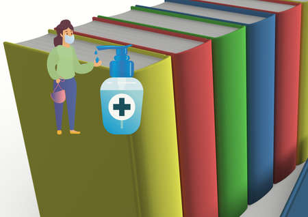 Woman wearing a facemask using sanitizer icon against stack of books on white background. covid-19 pandemic conceptの写真素材