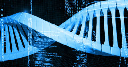 Image of dna strand and data processing on black background. global science and digital interface concept digitally generated image.の写真素材