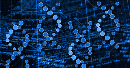 Image of dna strand and data processing on black background. global science and digital interface...