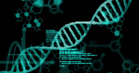 Image of dna strand and data processing on black background. global science and digital interface...