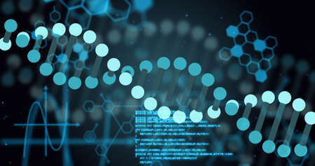 Image of dna strand and data processing on black background. global science and digital interface...