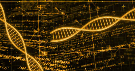 Image of dna strand and data processing on black background. global science and digital interface...