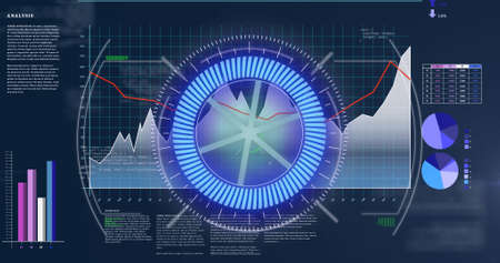 Image of compass rotating over scientific graph and data. global science, connections and digital...