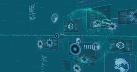 Image of data processing and globe on blue background. global business and digital interface concept digitally generated image.の写真素材