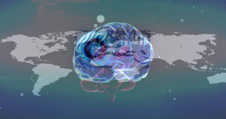 Image of brain rotating over world map and screens with diverse data. global connections, human...