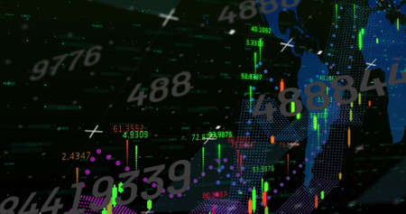 Image of data processing and numbers on black background. global business, finances, connections and...