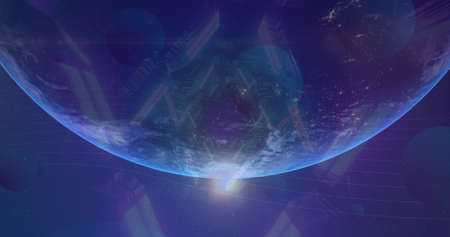 Image of neon triangles spinning over earth globe and outer space. global connections, data...