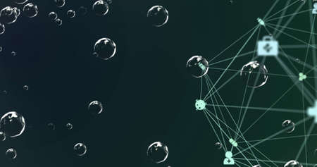 Image of media icons and bubbles on black background. global business and digital interface concept...