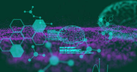Image of brain and data processing on black background. global science, finances, connections and...