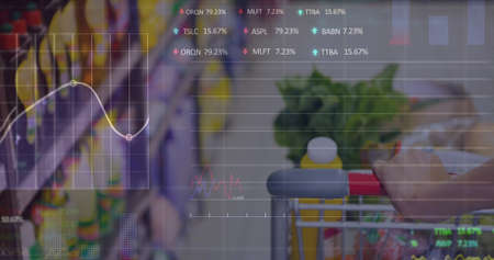 Image of data processing over trolley in shop. global business, shopping and digital interface...