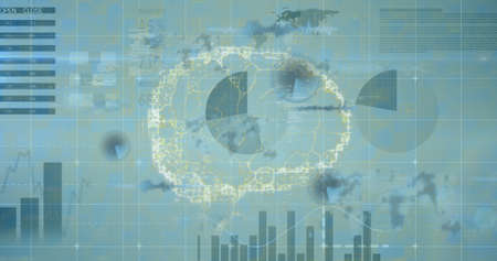 Image of data processing and brain on blue background. global business, finances, connections and...
