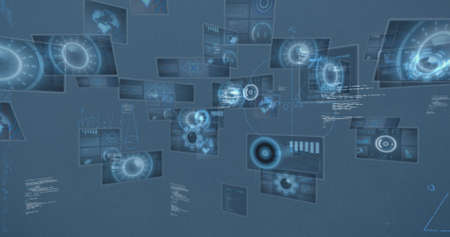Image of mathematical equations and data processing on blue background. global business and digital...
