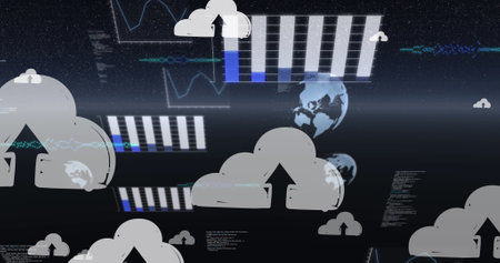 Image of clouds and data processing with globes. global cloud computing and digital interface...