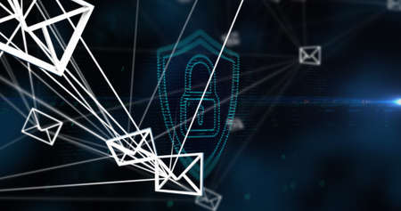 Image of envelope icons and padlock on black background. global business and digital interface concept digitally generated image.の写真素材