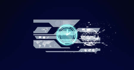 Image of digital interface with clock over dark background. global connections, digital interface,...