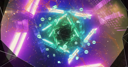 Image of globe with network of connections and icons over glowing neon shapes. global connections,...