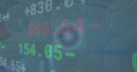 Image of stock market, scope scanning and financial data processing over blue background. global business, technology and data processing concept digitally generated image.の写真素材