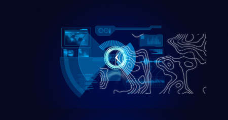Image of digital interface with clock over dark background. global connections, digital interface,...