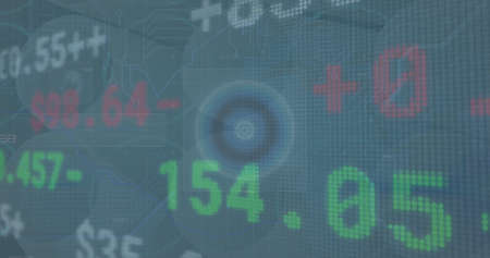 Image of stock market, scope scanning and financial data processing over blue background. global business, technology and data processing concept digitally generated image.の写真素材