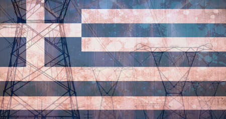 Image of flag of greece over pylons. ukraine crisis and international politics concept digitally...