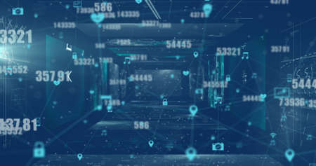 Image of globe of network of connections with icons and numbers. global connections, networks and...