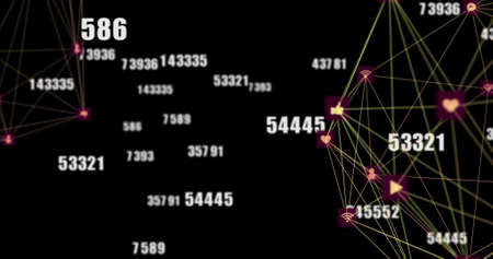 Image of network of connections with icons and numbers on black background. global network,...