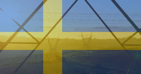 Image of flag of sweden over pylons. ukraine crisis and international politics concept digitally generated image.の写真素材