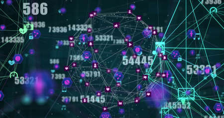 Image of network of connections with icons and numbers on black background. global network, connections and technology concept digitally generated image.の写真素材