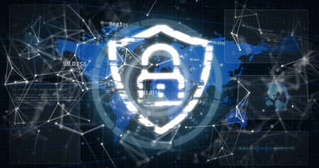 Image of connections, word map and digital shield with padlock on black background. global internet security, connections and data processing concept digitally generated image.の写真素材