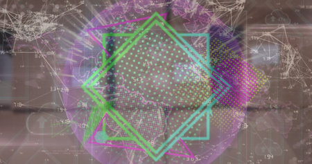 Image of connections, shapes and globe over warehouse. trade, delivery services, economy and...
