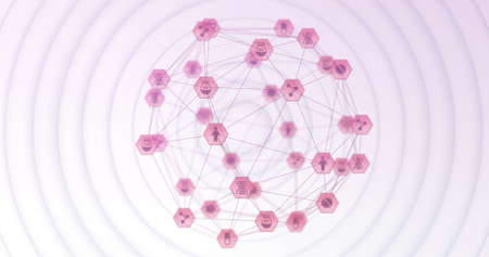 Image of network of connecting icons over moving white circles. Global digital network technology concept digitally generated image.の写真素材