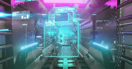 Image of digital interface with data processing and digital padlock over digital tunnel. Global...
