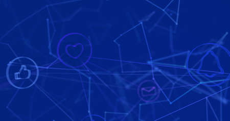 Digital image of Network of digital icons moving against blue background. Global networking and...