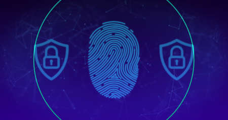 Image of digital interface with padlocks and fingerprint over network of connections on blue...