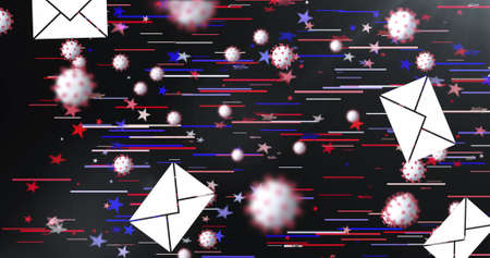 Image of envelopes and virus cells over American flag stars and colours in the background. Postal...