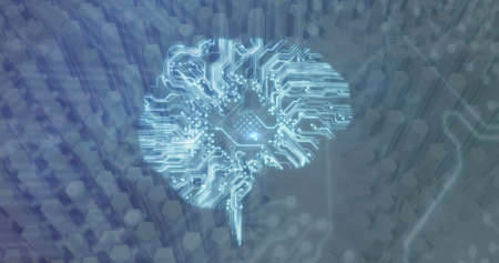 Image of digital brain with network of connections over floating white structure. Global digital...