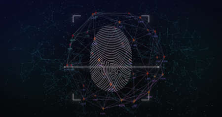 Image of digital interface with fingerprint over network of connections on dark background. Global digital network technology security concept digitally generated image.の写真素材
