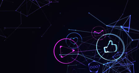 Digital image of Shock wave explosion over Network of digital icons against black background. Global...