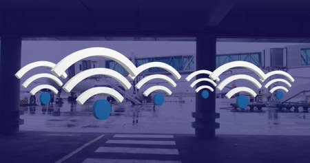 Image of wifi digital icons floating over airport. global online digital interface, communication and interface concept digitally generated image.の写真素材