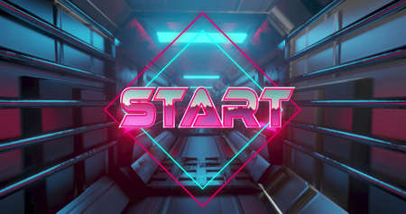 Image of start text over moving digital tunnel. image game, entertainment and digital interface...